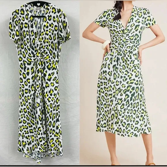 Diane Von Furstenberg Cecilia Neon leopard print Midi Dress green white size XS