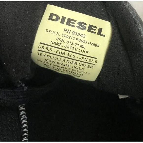 Diesel Eagle Loop Men's 9.5 Low Top‎ Suede Canvas Casual Sneakers Black 42.5