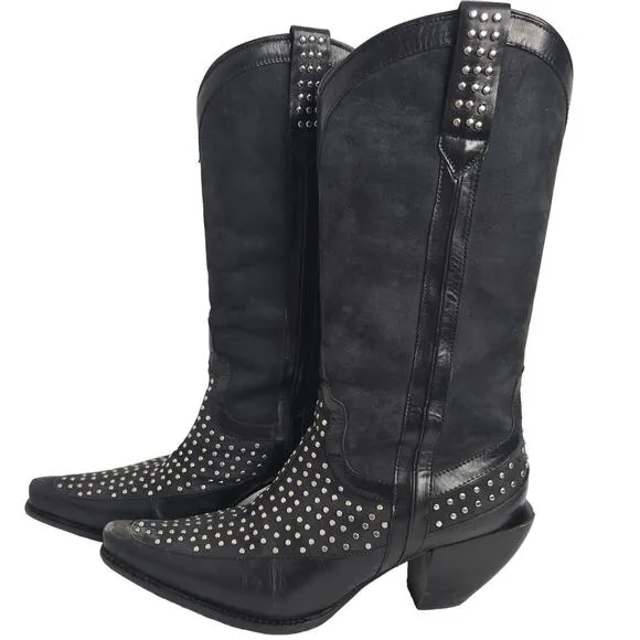 Donald J. Pliner Western Couture Boots Black Silver Studded 8M Cowgirl Leather