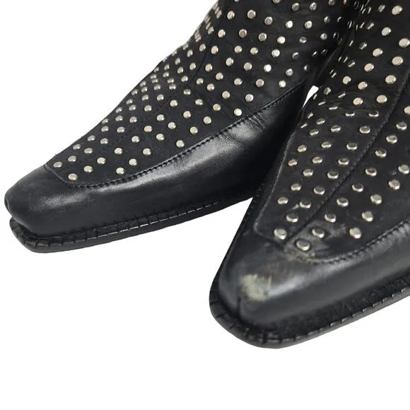 Donald J. Pliner Western Couture Boots Black Silver Studded 8M Cowgirl Leather
