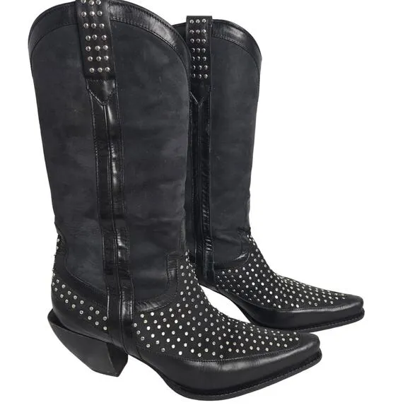 Donald J. Pliner Western Couture Boots Black Silver Studded 8M Cowgirl Leather