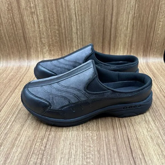 Easy Spirit Traveltime Clog Black and Pewter Leather Velvet Women's Size 9WW