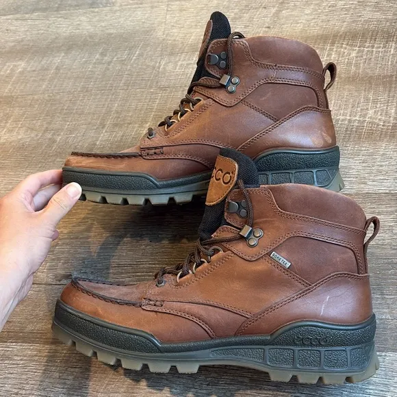 ECCO TRACK 25 Hiking Boots Men’s 9 Brown Leather High Top Gore-Tex Moc Toe