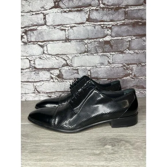 F. Crunell Vero Cuoio Black Leather Cap Toe Designer Dress Shoes Men 42EU/9M US