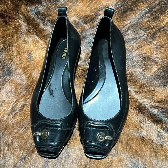 Fendi Black Jelly/Black Embellished PeepToe Ballet Flats Size 38/7-7.5.  B73