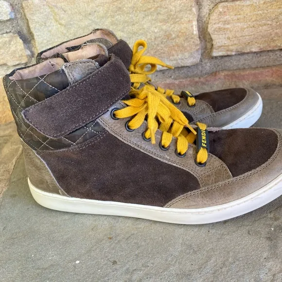 FENDI Boys High Top Sneakers Size 39 Brown Suede and Tan Leather