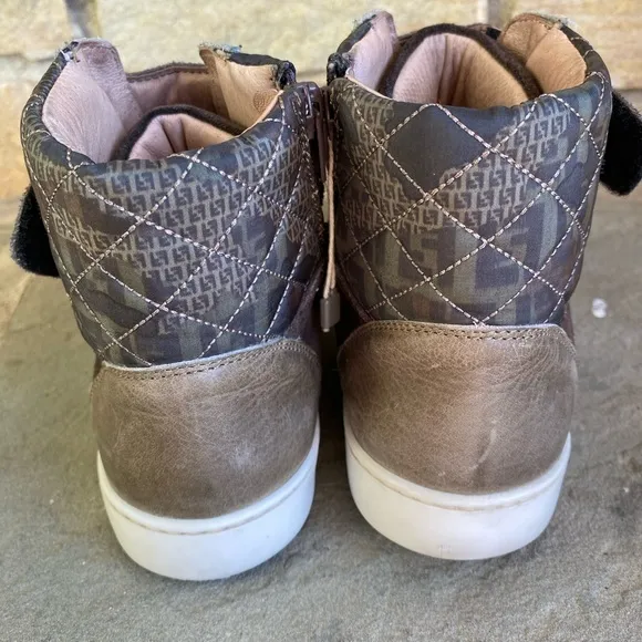 FENDI Boys High Top Sneakers Size 39 Brown Suede and Tan Leather
