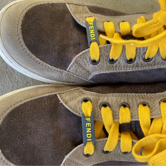 FENDI Boys High Top Sneakers Size 39 Brown Suede and Tan Leather