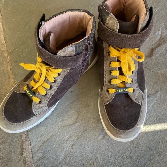 FENDI Boys High Top Sneakers Size 39 Brown Suede and Tan Leather