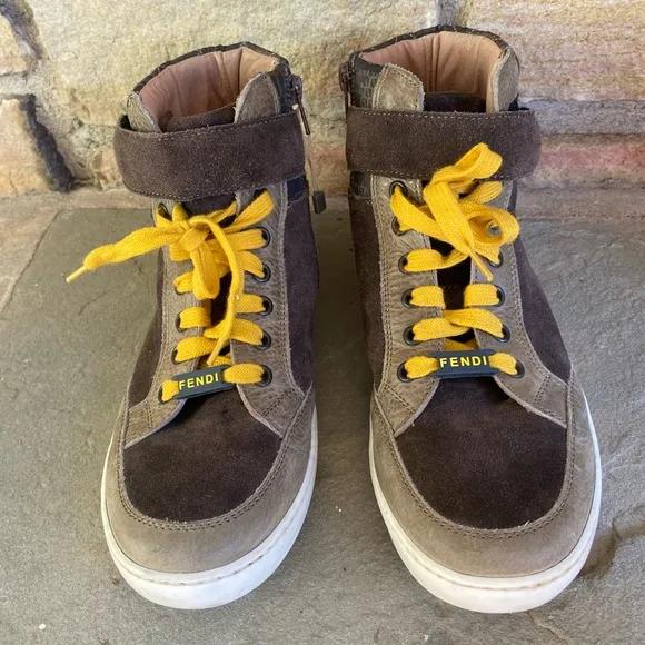 FENDI Boys High Top Sneakers Size 39 Brown Suede and Tan Leather