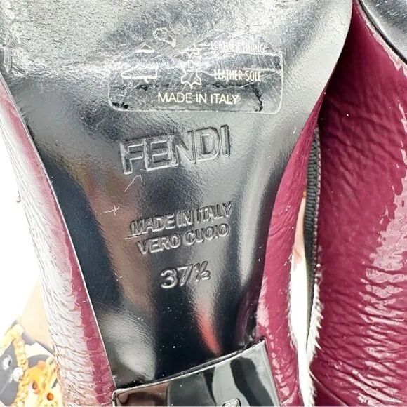 Fendi Burgundy Textured Patent Peep Toe Pumps w/Bow Grosgrain Bow Sculptured 7M