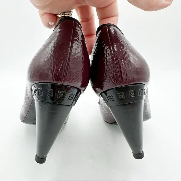 Fendi Burgundy Textured Patent Peep Toe Pumps w/Bow Grosgrain Bow Sculptured 7M