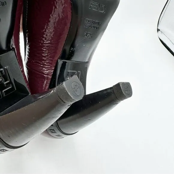 Fendi Burgundy Textured Patent Peep Toe Pumps w/Bow Grosgrain Bow Sculptured 7M