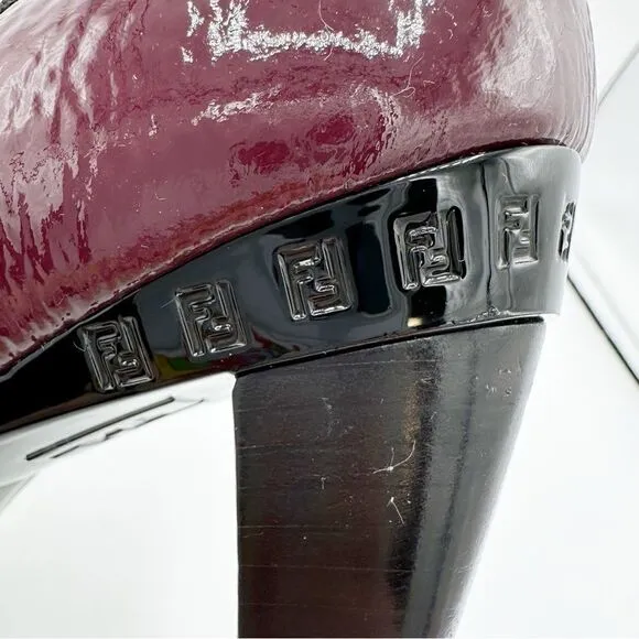 Fendi Burgundy Textured Patent Peep Toe Pumps w/Bow Grosgrain Bow Sculptured 7M