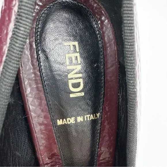 Fendi Burgundy Textured Patent Peep Toe Pumps w/Bow Grosgrain Bow Sculptured 7M