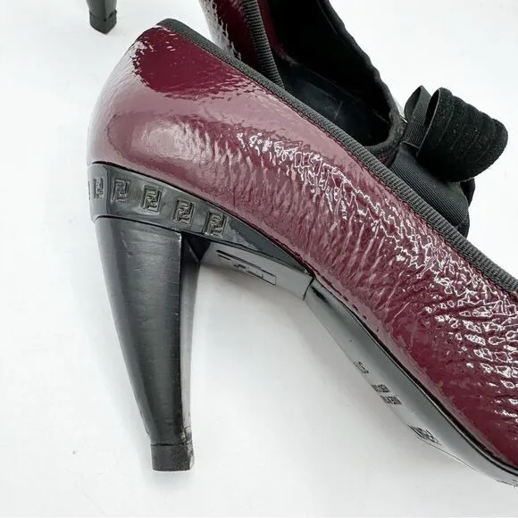 Fendi Burgundy Textured Patent Peep Toe Pumps w/Bow Grosgrain Bow Sculptured 7M