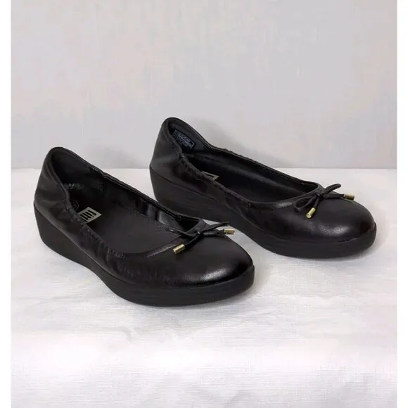 FitFlop Sz 8.5 Women's Black Ballerina Flats Bow Tie Comfort Shoes Thick Sole