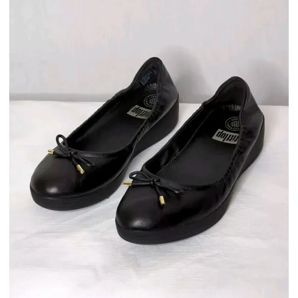 FitFlop Sz 8.5 Women's Black Ballerina Flats Bow Tie Comfort Shoes Thick Sole