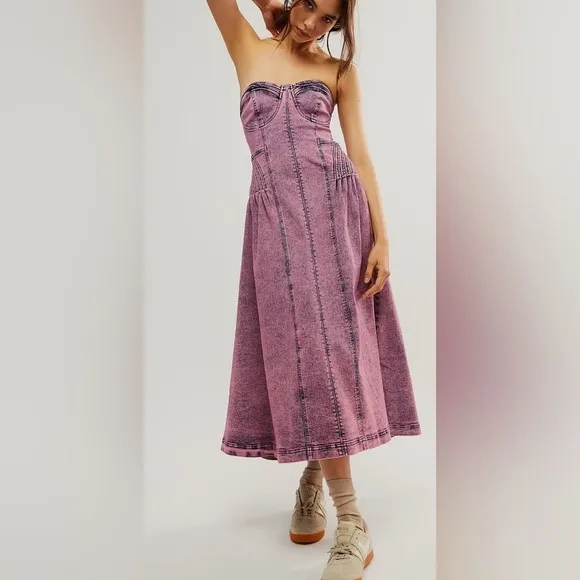 Free People Exclusive Malibu Midi Dress Size Medium in Electric Purple Denim