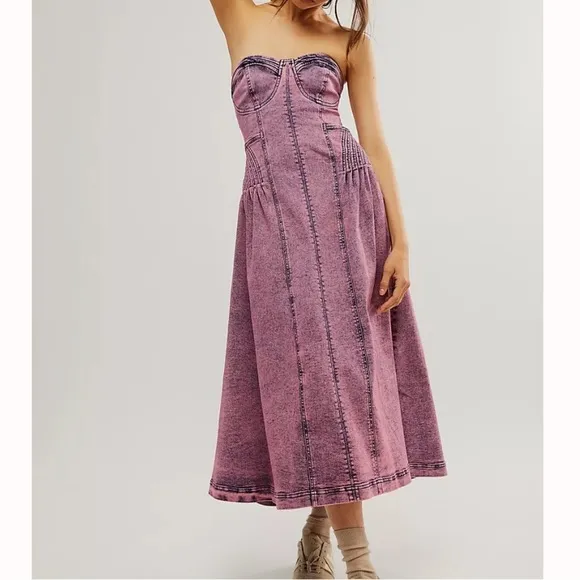 Free People Exclusive Malibu Midi Dress Size Medium in Electric Purple Denim