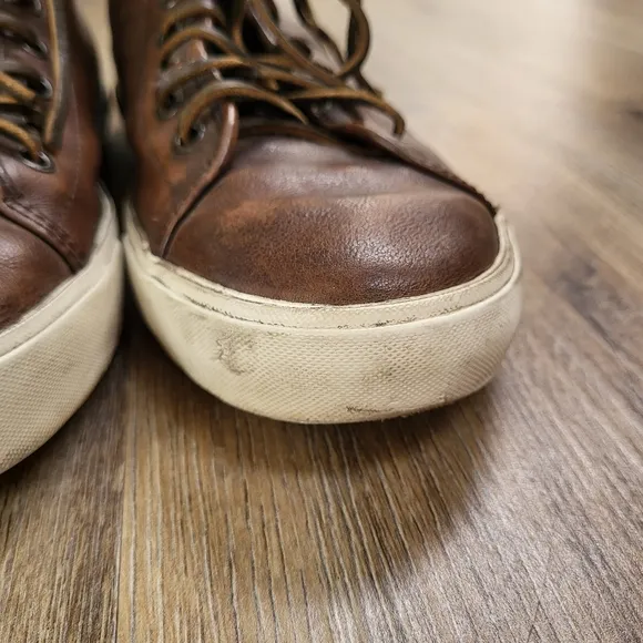 Frye Brett Shoes Men's 9.5 Brown White Leather Lace Up High Top Casual Sneakers