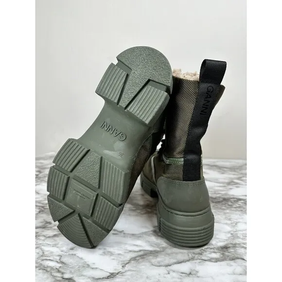 GANNI Shearling Hiking Ankle Combat Boots Size 36 New $375 Green Tubular Rubber