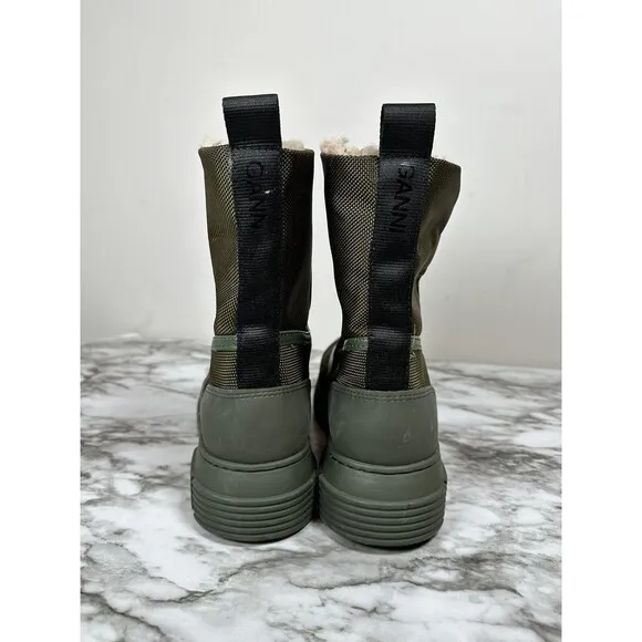 GANNI Shearling Hiking Ankle Combat Boots Size 36 New $375 Green Tubular Rubber