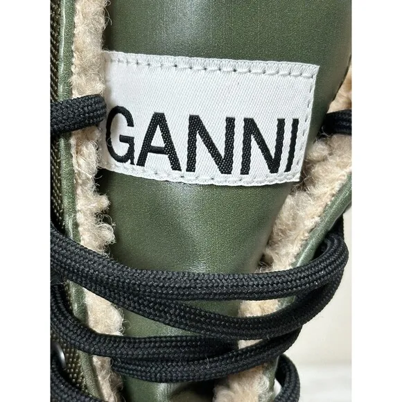 GANNI Shearling Hiking Ankle Combat Boots Size 36 New $375 Green Tubular Rubber