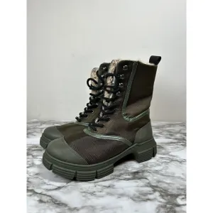 GANNI Shearling Hiking Ankle Combat Boots Size 36 New $375 Green Tubular Rubber