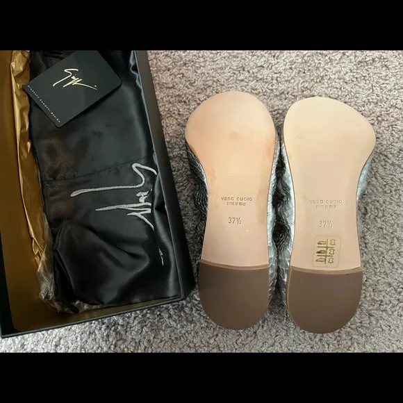 GIUSEPPE ZANOTTI Stamped Python Silver Women Ballet Flats Shoes Size 37.5 7.5