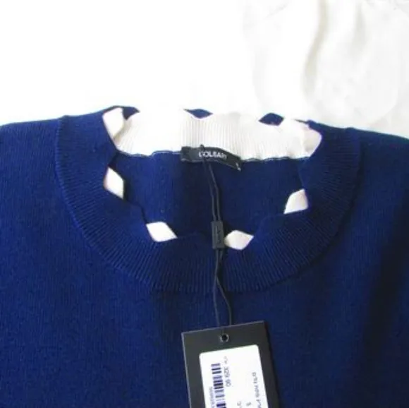 Golbary Navy &amp; White Wave Open Lattice Sweater Knit Tunic Top  Size L  N…