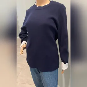 Golbary Navy &amp; White Wave Open Lattice Sweater Knit Tunic Top  Size L  N…