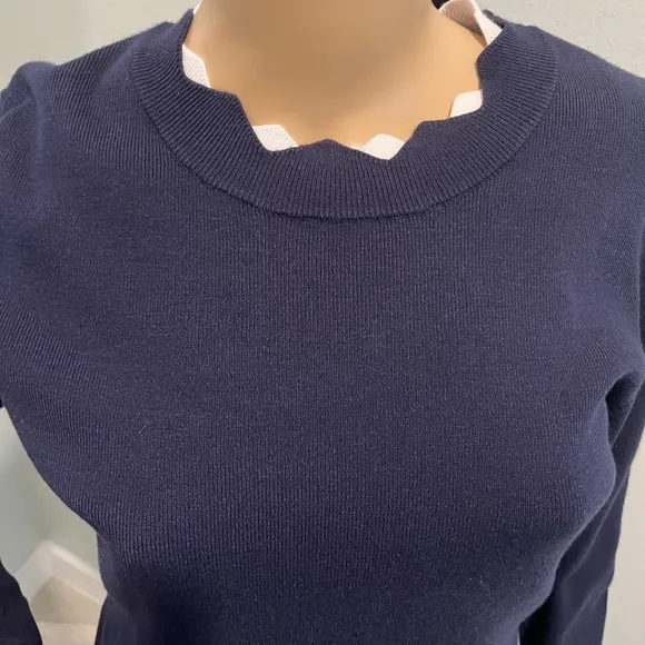 Golbary Navy &amp; White Wave Open Lattice Sweater Knit Tunic Top  Size L  N…
