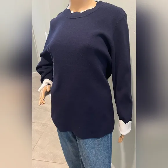 Golbary Navy &amp; White Wave Open Lattice Sweater Knit Tunic Top  Size L  N…