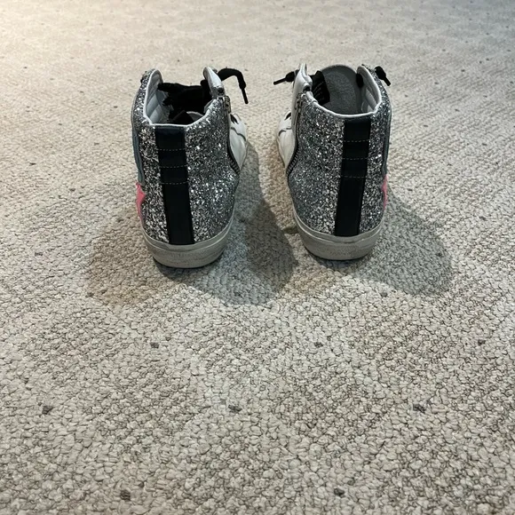 Golden Goose Slide Leather Glitter Mid-Top Sneakers.