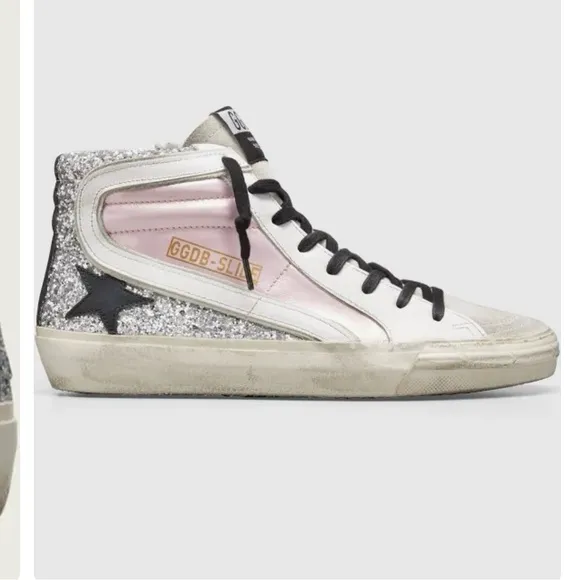 Golden Goose Slide Leather Glitter Mid-Top Sneakers.