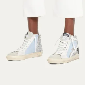 Golden Goose Slide Leather Glitter Mid-Top Sneakers.