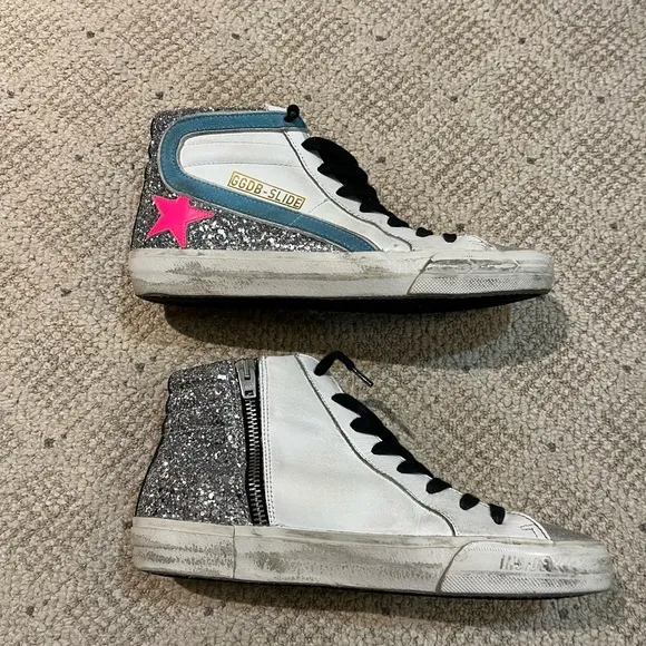 Golden Goose Slide Leather Glitter Mid-Top Sneakers.