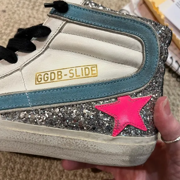Golden Goose Slide Leather Glitter Mid-Top Sneakers.