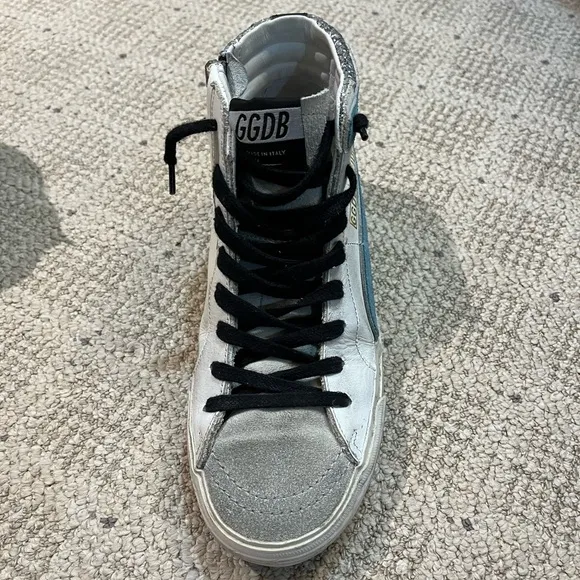 Golden Goose Slide Leather Glitter Mid-Top Sneakers.