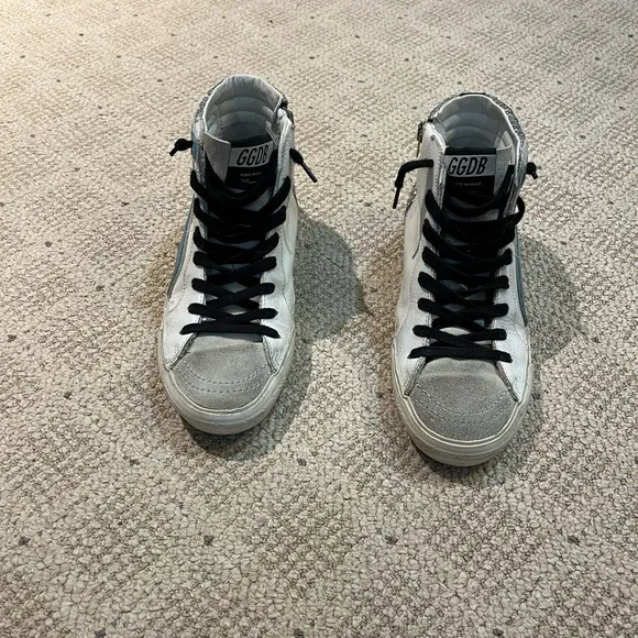 Golden Goose Slide Leather Glitter Mid-Top Sneakers.