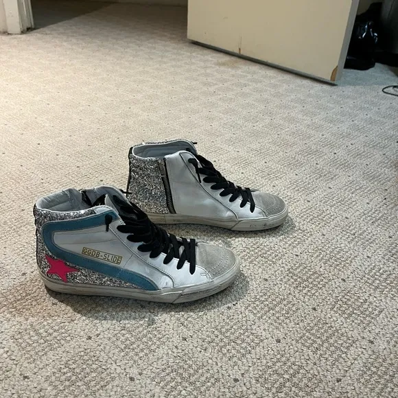 Golden Goose Slide Leather Glitter Mid-Top Sneakers.