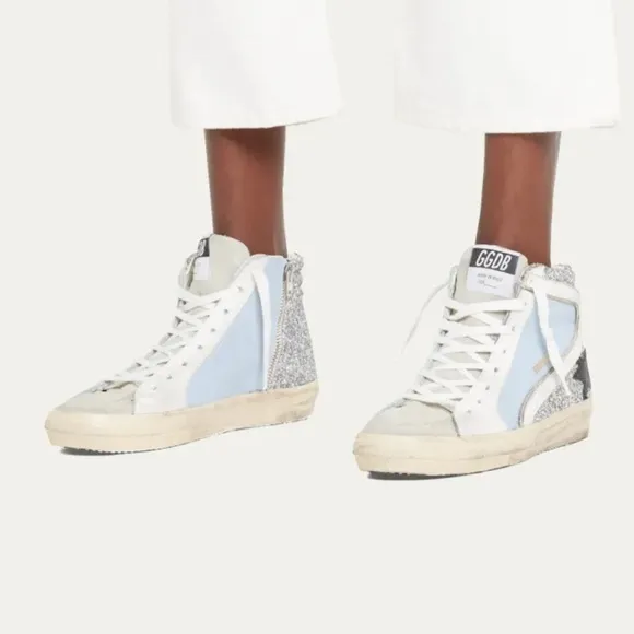Golden Goose Slide Leather Glitter Mid-Top Sneakers.