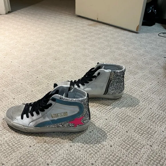 Golden Goose Slide Leather Glitter Mid-Top Sneakers.