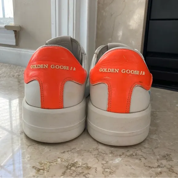Golden Goose White Purestar Customized Fluorescent Orange Heel Tab Sneakers, 42