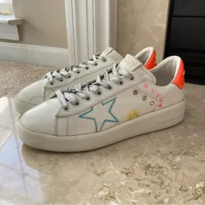 Golden Goose White Purestar Customized Fluorescent Orange Heel Tab Sneakers, 42