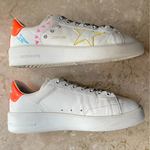 Golden Goose White Purestar Customized Fluorescent Orange Heel Tab Sneakers, 42