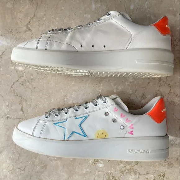 Golden Goose White Purestar Customized Fluorescent Orange Heel Tab Sneakers, 42