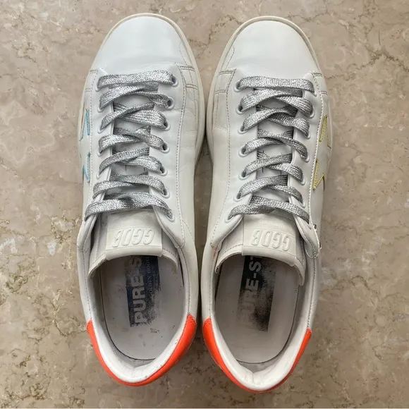 Golden Goose White Purestar Customized Fluorescent Orange Heel Tab Sneakers, 42