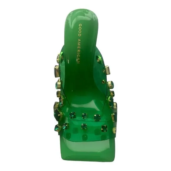Good American Jeweled Emma Slip Heels Mules Diamonds Square Toe Green Size 10.5
